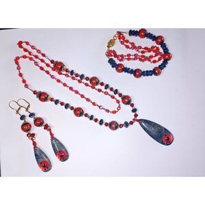 NEW OOAK Red black Dragon Eyes Set Necklace, triple strand bracelet & Earrings